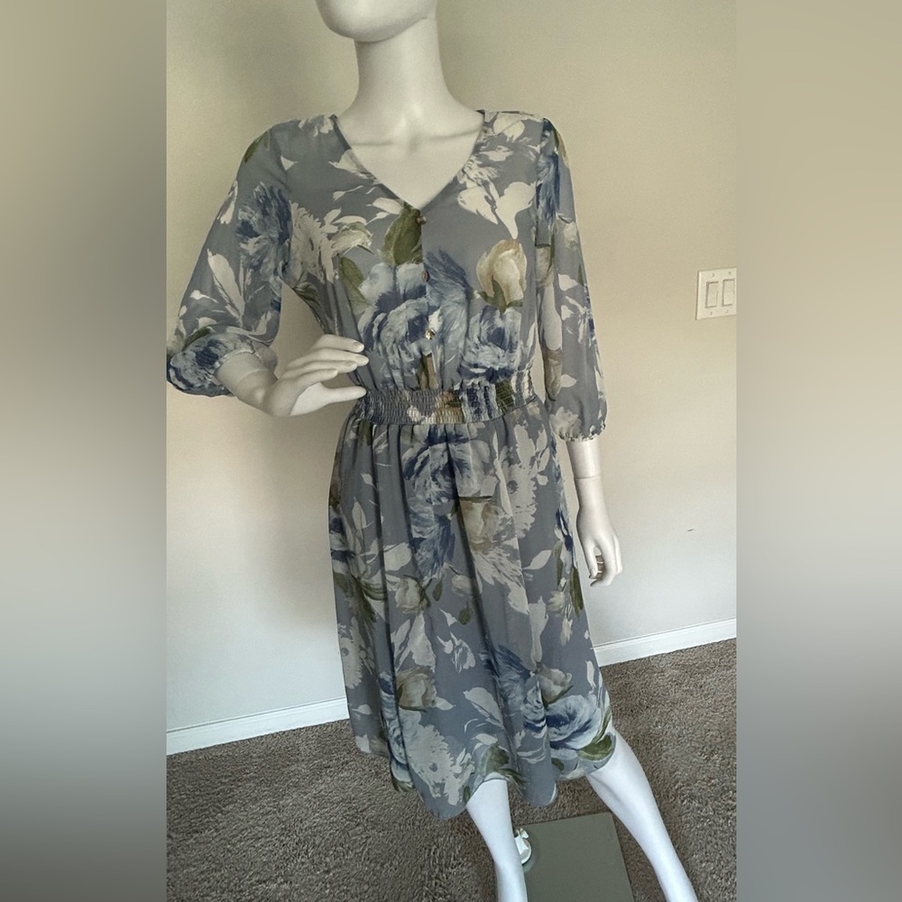 Enfocus Studio Blue and Green Floral Long Sleeve Dress